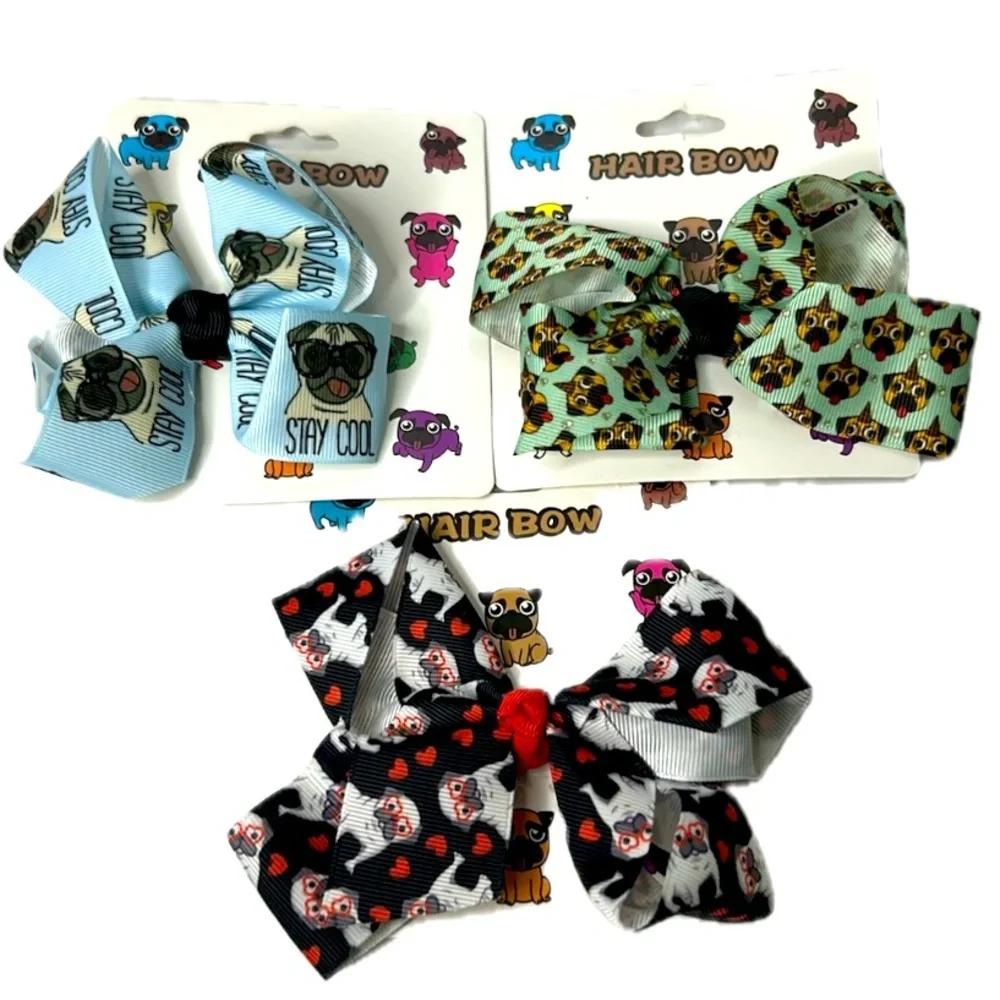 PUG Dogs Grosgrain All Over Print Bundle of 3 Adorable Hair Bows‎ Super Cute NWT
